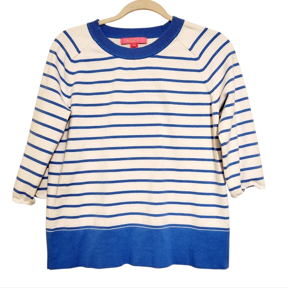 Lilly Pulitzer | White Dasha Crewneck Sweater w/ Blue Stripes (Size Medium)